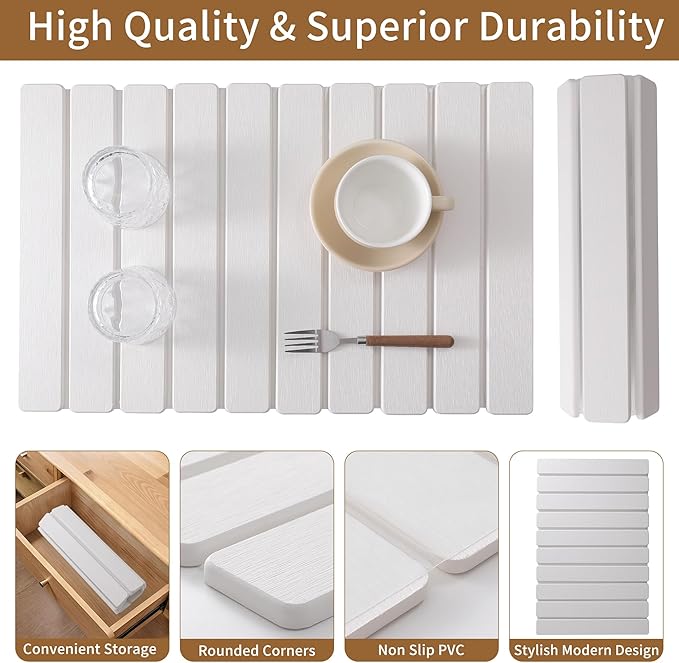 2PCS Large Stone Dish Drying Mat for Kitchen Counter, Fast Dry Diatomaceous Earth Mat – Foldable Stone Mat for Dishes, Utensils, Soap Dish – Non-Slip & Heat Resistant – (23.6"×15.3" & 8"×4") – White