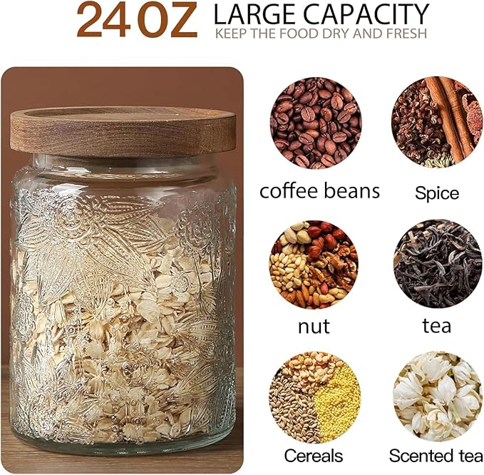 24 OZ Airtight Glass Storage Jar with Bamboo Lid - Vintage Glass Jar Vintage Food Containers Canisters Set for Kitchen Counter & Pantry - Ideal for Sugar, Flour, Coffee, Tea, Candy, Oats, Cereal | 24oz Decorative Container Set with Silicone-Sealed Bamb...