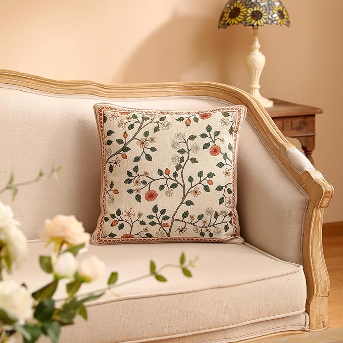 ISAENNE Design Linen Classic Throw Pillow Covers 18"x18" Pack of 2, French Farmhouse Square Cushion Covers with Orange White Floral Pattern Decoration Pillowcases for Bed,Living Room,Outdoor,Car