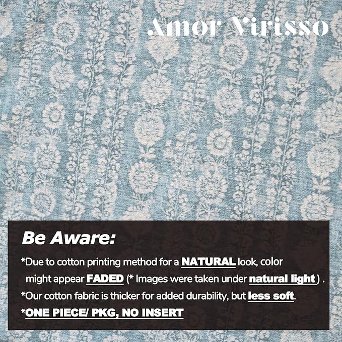 Amor Virisso Vintage Floral Throw Pillow Covers 20x20 Striped Farmhouse Block Print Pillow Cover Boho Neutral Decorative Pillows for Living Room Bed, Light Blue