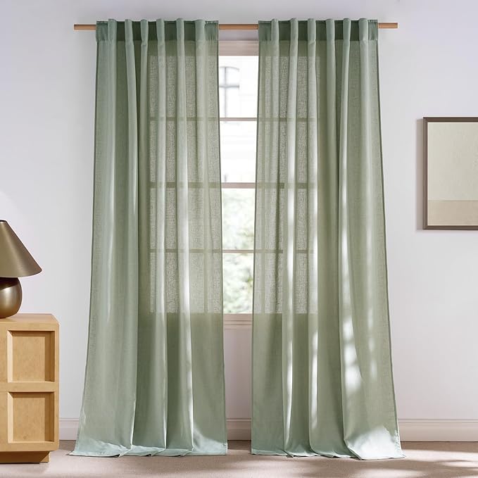 NICETOWN Linen Blend Greyish Green Curtains 84 inches Long 2 Panels Set, Rod Pocket & Back Tab Privacy Added Thick Flax Semi Sheer Window Treatments for Bedroom/Farmhouse, W55 x L84