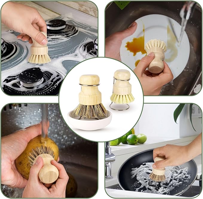 DEBETOOL Bamboo Dish Brush Set with Holder - Natural Dish Scrub Brush for Cleaning Dishes, Fast Dry Design Kitchen Dish Brush for Sinks & Pots