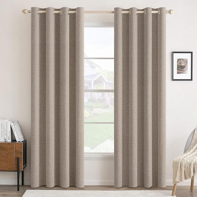 MIULEE 100% Blackout Linen Textured Curtains for Bedroom Solid Thermal Insulated Linen Grommet Room Darkening Curtains & Drapes Luxury Decor for Living Room 52 x 96 Inch (2 Panels)