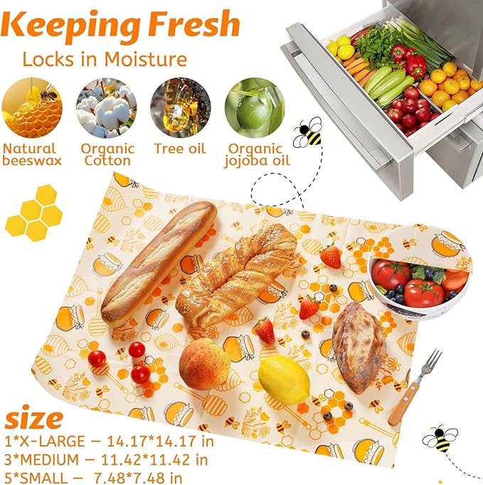 Beeswax Wraps for Food – 9 Pack Reusable Beeswax Bread Bag & Sandwich Wrap, Organic & Eco-Friendly & Sustainable Bees Paper, Perfect Alternative to Aluminum Foil Sourdough Storage & Plastic Wrap