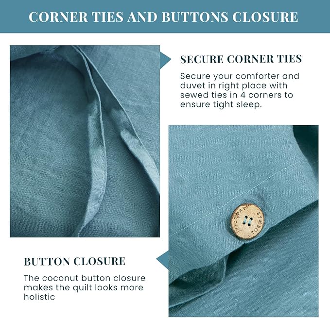 S VICTORY SYMBOL 100% Organic Linen Duvet Cover Set King Size 3pcs,Natural French Washed Flax CK Bedding Set(1 Duvet Cover 106"x92"and 2 Pillowcases) with Coconut Button Closure(Mineral Blue)