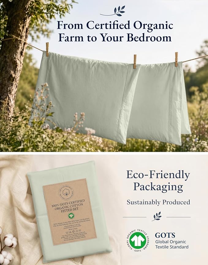 LANE LINEN King Fitted Sheet, 100% Organic Cotton, 3-Piece Set (1 Fitted Sheet,2 Pillowcases), Percale Weave, Ultra Soft, Breathable,Fits Mattress Upto 15" Deep - Mineral (No Flat Sheet)