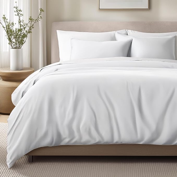 Bare Home 100% Organic Cotton Sateen Duvet Cover Set - Full/Queen Size - 400 Thread Count - Smooth Sateen Weave - Warm & Luxurious - Duvet Cover (Queen, White)