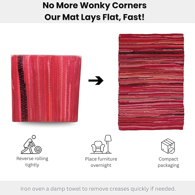 Cotton Hand Woven Chindi Rug 2x3 Feet - Red, Reversible Accent Pink Area Patio Door Mat Ideal for Entryway, Kitchen, Nursery Room, Bedroom | Farmhouse Rustic Floor Décor Rag Rugs for Balcony