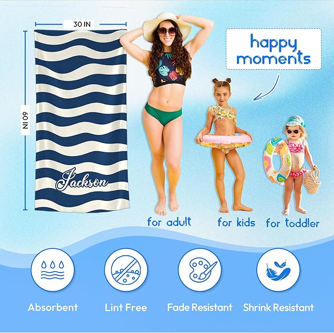 JML Custom Beach Towel with Name, Personalized Microfiber Beach Towel with Name, Large, Soft, Quick Dry & Absorbent for Swim, Pool,Adult,Summer Holiday,Vacation,Travel,Gift for Anniversary, Birthday