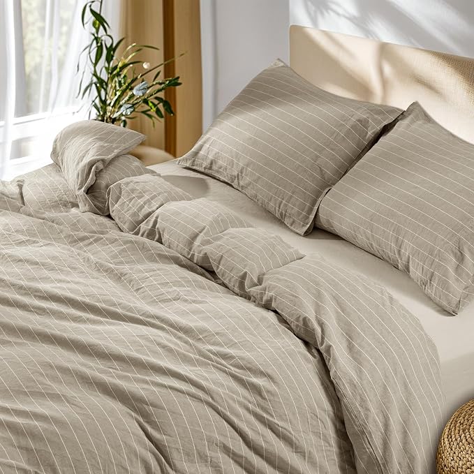 SONORO KATE 100% French Linen Duvet Cover King Size, Soft Breathable for Hot Sleepers, Moisture Wicking & Durable Cover Set - Zipper Closure & 4 Corner Ties Duvet Covers 3 PC (Linen & White Stripes)
