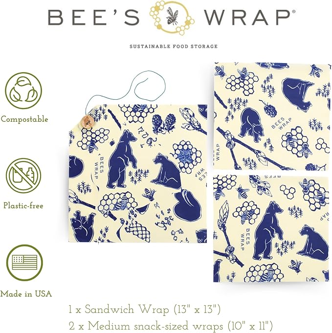 Bee's Wrap Beeswax Wraps for Food - 3 Pack of Assorted Beeswax Wraps - 2 Medium & Sandwich Wrap - Plastic Free Made in USA Reusable Natural Food Wrap - Bees & Bears