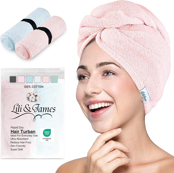 Lili&James 100% Cotton Hair Towel Wrap for Women & Kids – 420 GSM Quick Dry Hair Turban with Double Button Loop, Anti Frizz Non Microfiber Hair Drying Towel for Curly, Long & Thick Hair (Blue+Pink)