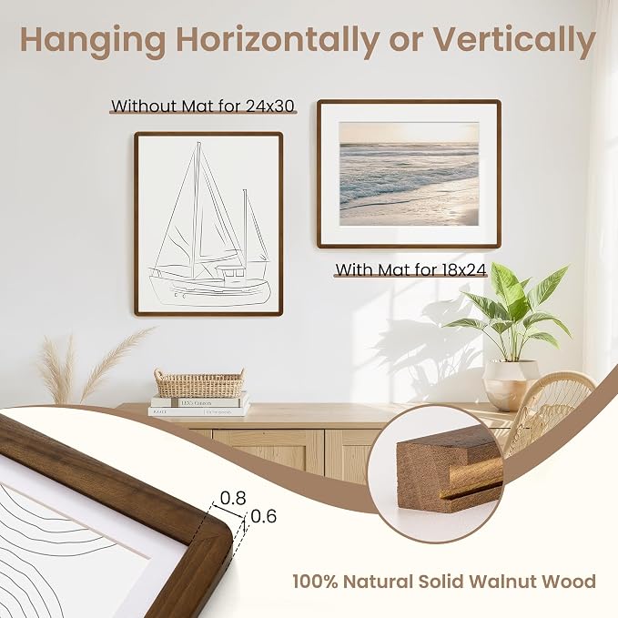 Fun Memories 24x30 Poster Frame with Mat for 18x24 - Solid Walnut Wood Photo Frame, Rounded Corner 24 x 30 Wooden Frame Matted to 18x24 Photo, 24 By 30 Wood Frame with Tempered Glass, Natural Walnut