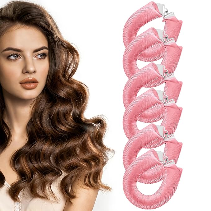 Heatless Curlers, Heatless Curls Overnight Set for Women, Soft Hair Curlers to Sleep In, Jumbo No Heat Hair Curlers Set with Headscarf and Hook for Long Hair - 6Pcs Pink