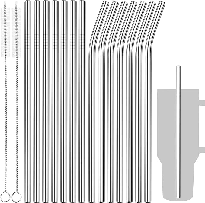 Tomorotec 40oz Straws, 14PCS Stainless Steel Replacement Straws Fit for Stanley 40oz Adventure Quencher Travel Tumblers with Cleaning Brushes 2PCS, Food-Grade, Dishwasher Safe for Smoothies (Silver)