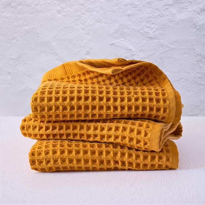 PÜSKÜL - Set of 3 Organic Waffle Hand Towel Mustard - Premium Quality, 100% Turkish Cotton, Soft, Quick-Dry, Absorbent, Lint-Free Face Kitchen Hand Towels (Mustard Yellow, Hand Towels - Pack of 3)