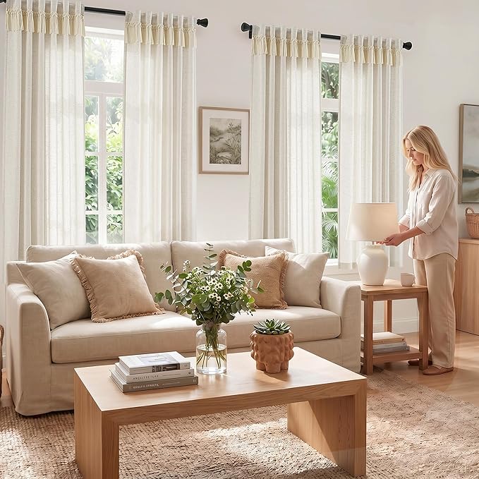 jinchan Linen Curtains for Living Room Bedroom Light Filtering Semi Sheer Curtains Boho Farmhouse French Country Cottage Core Decor Window Drapes Back Tab 63 Inch Length Tassel Beige