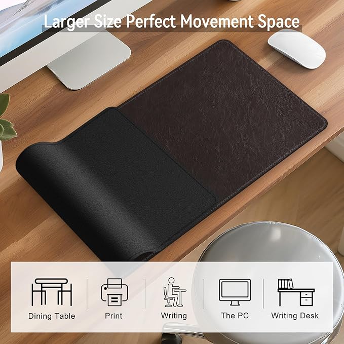 Imitation Crazy Horse Leather Desk Mat - Waterproof Desk Pad - Ideal for Large Mouse Pad and Desk Mats on Top of Desks (deep Coffe+Black, 33"*13")