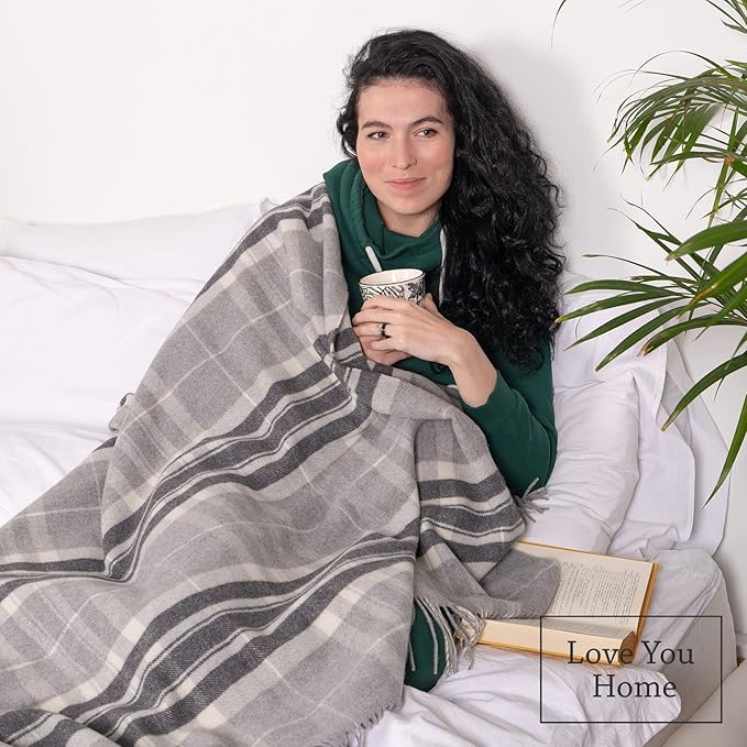 LYHome Cashmere Blanket with Merino - Luxury Wool Throw Soft Cozy and Warm, Decorative Throws Couch Bed Sofa, Warmest Blankets for Travel Camping & Cold Weather 55x79, Grey - Dark Grey - White Tartan