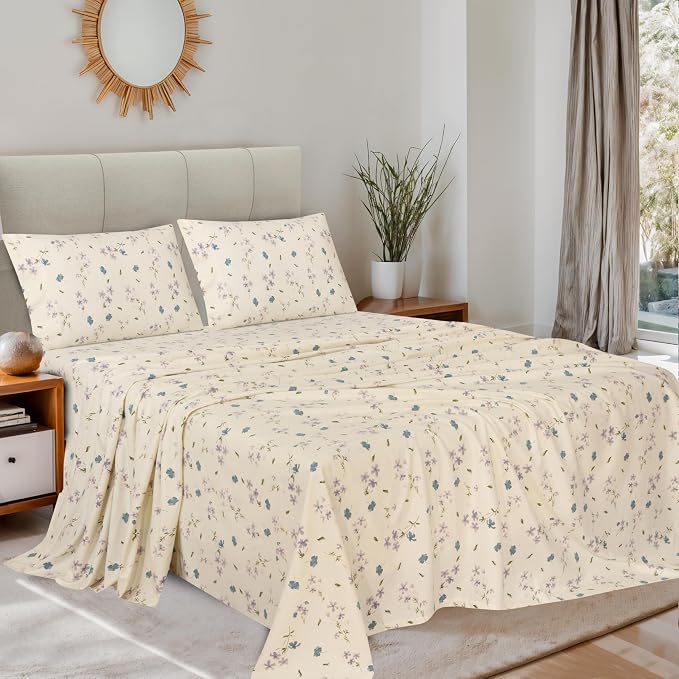 RUVANTI Flannel Sheets King Size - 100% Cotton Double Brushed King Size Sheets Set - Deep Pockets 16 Inches Bed Sheets - All Seasons Breathable & Extra Soft - Warm & Cozy, 4 Piece, Jasmine Stamp Cream