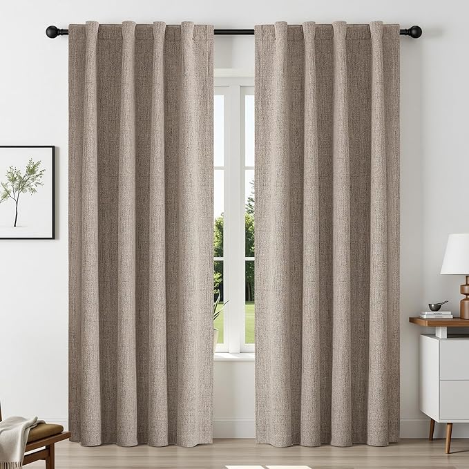 CUCRAF Natural Linen 100% Blackout Curtains 96 Inch Length 2 Panels Set, Back Tab and Rod Pocket Curtain for Living Room Bedroom, Room Darkening Window Drapes Thermal Insulated, (52x96 inch, Linen)