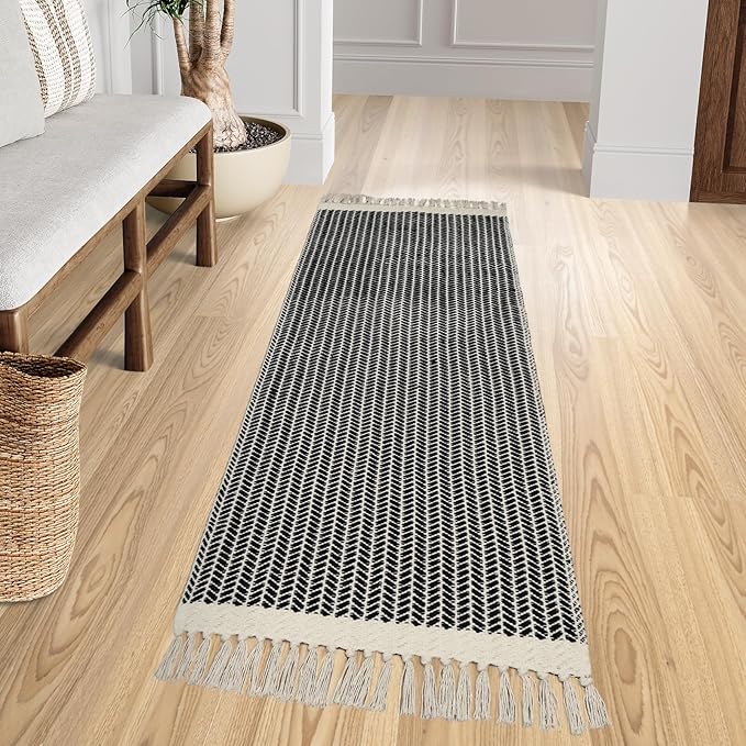 Lahome Belle Boho Hallway Runner Rug, 2x6 Laundry Room Lightweight Entry Woven Cotton Throw Mat with Tassels, Farmhouse Non Shedding Washable Black Low Pile Runner for Kitchen Bathroom