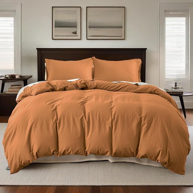QKTE French Linen Duvet Cover Set, 3 PCS Natural French Flax Rust Duvet Cover King Size, Breathable Soft Comfy Linen Bedding Comforter Cover with 2 Pillowcases(Rust, 104" x 92")