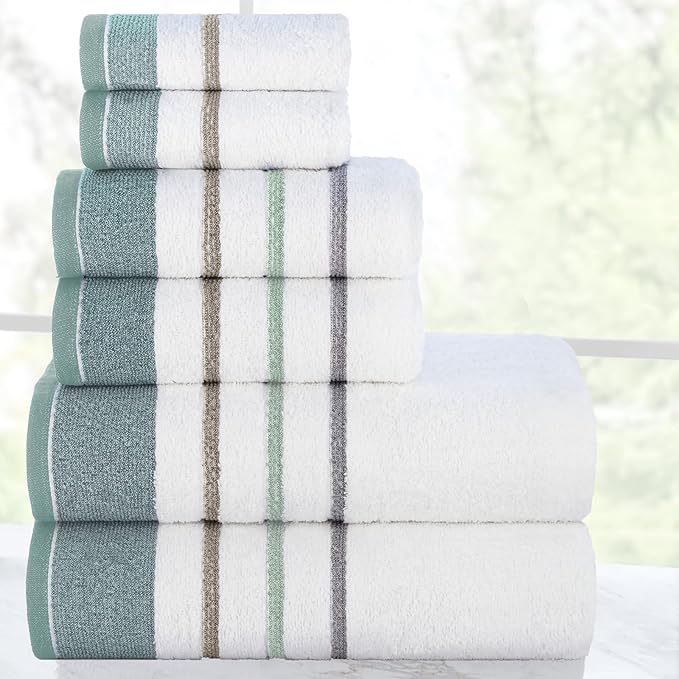 CASA COPENHAGEN White Bay 6Pcs 100% Egyptian Cotton Large Designer Towels Gift Set- Silver Grey - Sea Grass, 600GSM, 2Bath 2Hand 2Washcloths, Bath Towels for Bathroom (Gift Set for Women & Men)