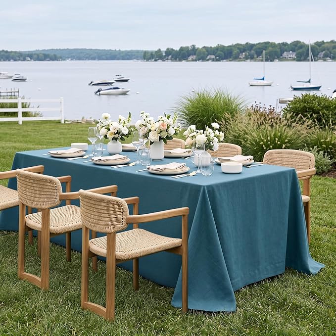 Solino Home Linen Tablecloth for Rectangle Tables 60 x 144 Inch - 100% Pure Linen Peacock Blue Table Cloth - Fete, Machine Washable Cloth Tablecloth