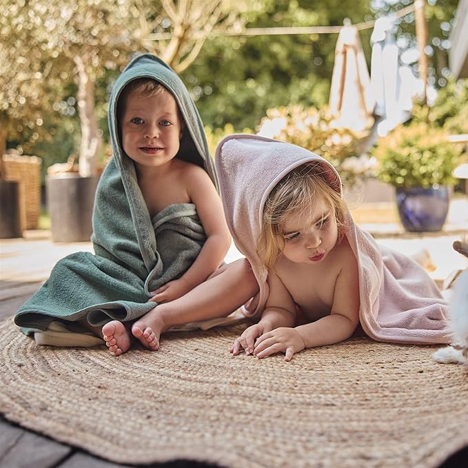 Hooded Baby Towels – 100% Organic Cotton Baby Bath Towels – Baby Boy and Girl Newborn Essentials - Super-Soft and Absorbent.(2-Pack Fog and Roman Green)