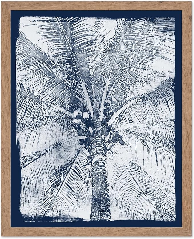 Monem Art Coastal Palm Tree Cyanotype Print - Blue and White Tropical Botanical Design Poster - Wall Decor for Beach House, Bedroom or Living Room - 8x10 Beige Framed Wall Art by Renee Stramel