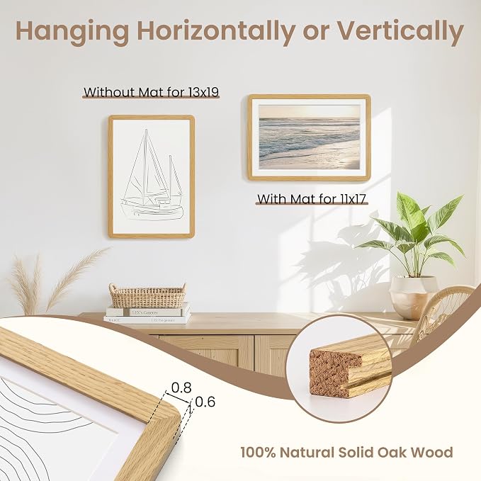 Fun Memories 13x19 Picture Frame - Solid Oak Wood Frame with Mat for 11x17, 13 By 19 Art Wall Frames with HD Tempered Glass, Horizontal or Vertical Wall Display, Natural Oak