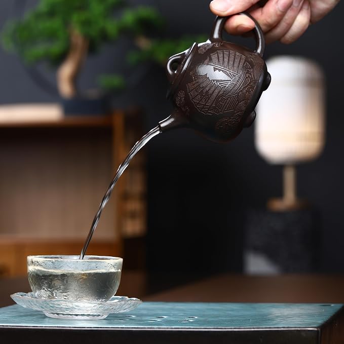 Zisha Teapot, Chinese Yixing Clay Handmade Tea Pot 6.4 Oz, Infuse Brew Kung Fu Loose Leaf Tea Maker (Shipiao,Golden Black Clay)