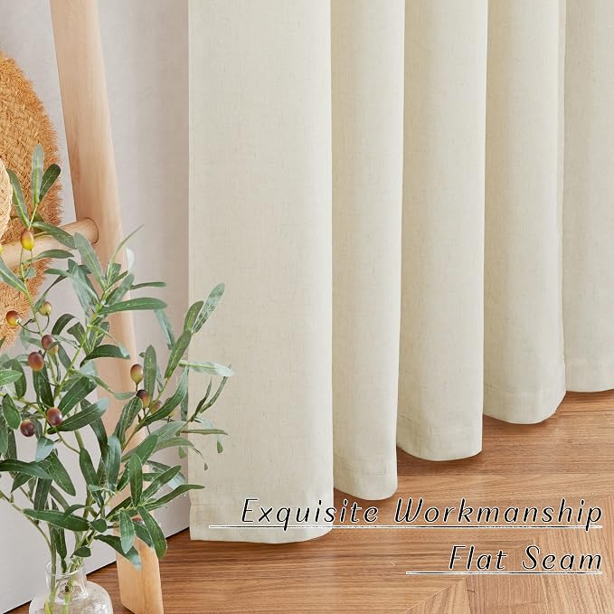 NICETOWN Natural Linen Curtains 108 inches Long for Living Room, Rod Pocket Thick Flax Privacy Semi Sheer Window Curtains with Light Filter for Bedroom/Living Room, 55'' Wide, 2 Panels