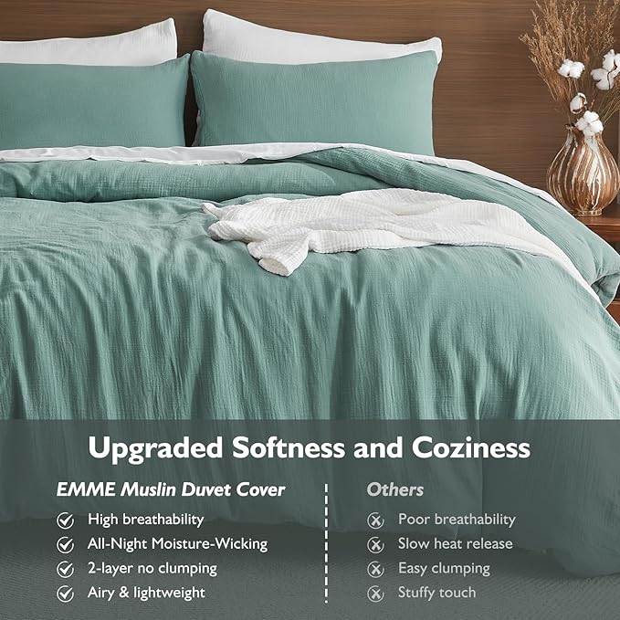 EMME Muslin Cotton Duvet Cover Set Teal Queen Size Linen Like Soft Breathable Lightweight Summer Comforter Cover Set with Zipper Closure (Teal, Queen, 90"x90")