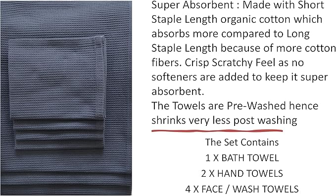 Waffle Bath Towel Set, Organic Cotton,GOTS Certified, Folkstone Grey Super ABSORBANT & Quick Dry, NO SOFTENERS, Environment Friendly,1xBATH58x30.5, 2xHAND29x20, 4xFACE12x12INCH