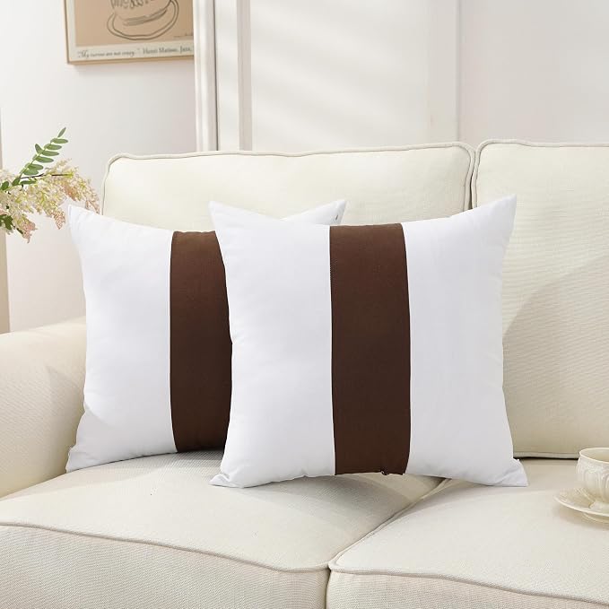 TAOSON Set of 2, 100% Cotton Canvas Patchwork Throw Pillow Covers 12x20 Inch Modern Brown Striped Pillow Cushion Covers Farmhouse Decor Pillow Cases for Couch Living Room Bed Sofa Decor