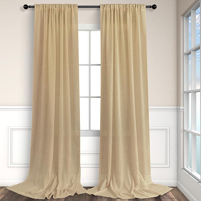 Tan Brown Linen Curtains 108 Inches Long for Living Room 2 Panel Back Tab Pocket Cloth Canvas Semi Privacy Sand Colored Curtain for Bedroom Patio Door French Country Victorian Western Boho Decor Taupe