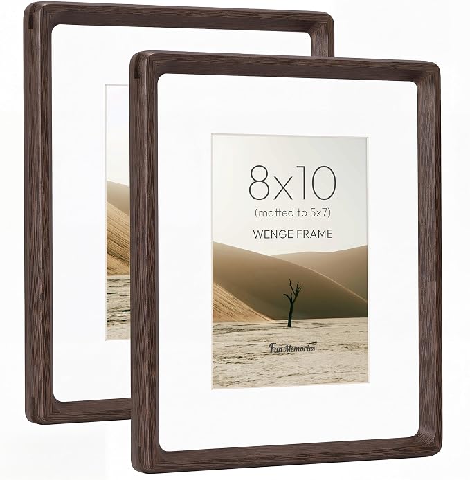 8x10 Picture Frame Set of 2, Natural Wenge Wood Photo Frame with HD Tempered Glass, Handcrafted Rounded Corner 8 x 10 Wooden Frames Matted to 5x7 Photos, 8x10 Frames, Tabletop or Wall Display