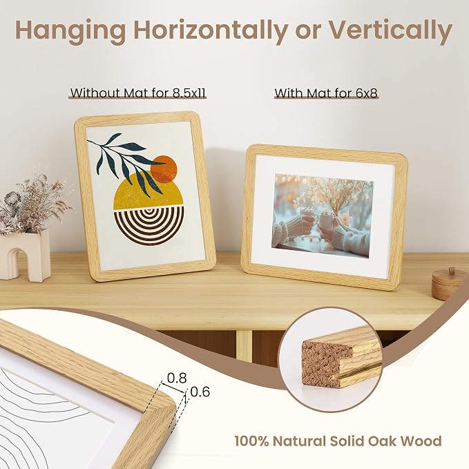 Fun Memories 8.5x11 Picture Frame - Solid Oak Wood Diploma & Certificate Frame, 8.5x11 Frame with Mat for 6x8 Photos, Awards & Achievements, Tabletop and Wall Display with Real Glass, Natural Oak