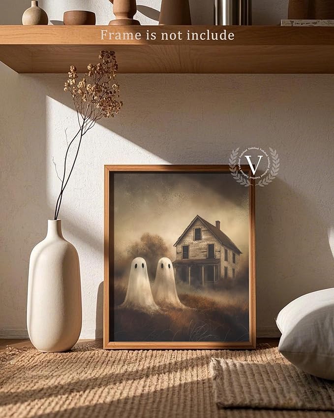 Vodefoad Retro Cute Ghost Decor Halloween Painting Spooky Silhouette Ghosts Haunted House Art Victorian Ghost Posters Pictures for Living Room, Bedroom, Bathroom, halloween Room decor - 8x10 Inch Unframed