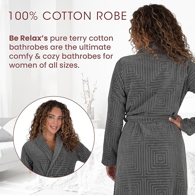 Be Relax Bathrobe for Women - Full Length Terry Cotton Robe with Shawl Collar and Hood, Warm and Cozy Robe with Belt & Pocket