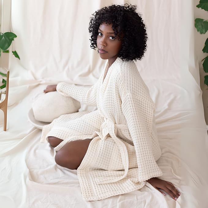 Womens Kimono Waffle Robe - Lightweight 100% Turkish Cotton Housecoat for All-Day Lounging - Bathrobe for Shower