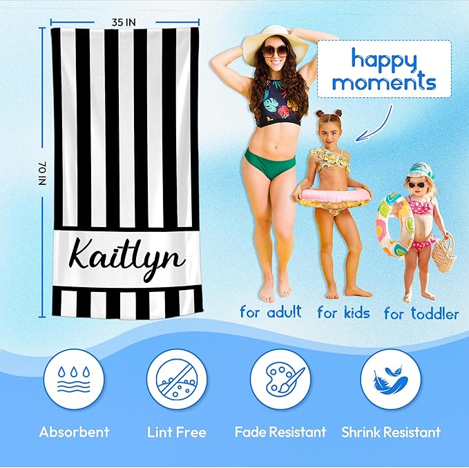 JML Personalized Beach Towel with Name, Custom Cabana Stripe Beach Towel, Customized Microfiber Pool Towel, Quick Dry & Absorbent Swim Towel for Adult,Anniversary, Birthday, Summer Holiday,Vacation