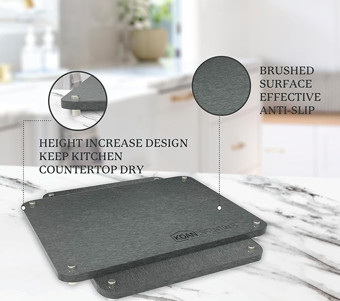 KOANEssentials Stone Dish Drying Mats for Kitchen Counter, Heat Resistant, Fast Dry, Super Absorbent Dish Drying Mats, Eco-Friendly Diatomaceous Earth Mat, Sand Tools included (16x12 Inch,Grey) 2 Pack