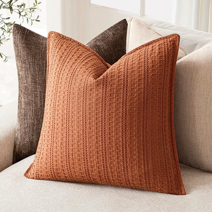 Foindtower Set of 2 Decorative Cotton Waffle Weave Throw Pillow Covers Euro Shams Cushion Covers Accent European Pillowcase for Bed Couch Sofa Bedroom Living Room Home Decor 22×22 Inch Burnt Orange