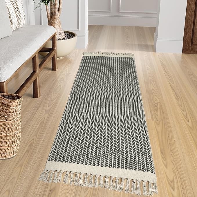 Lahome Belle Boho Hallway Runner Rug, 2x6 Laundry Room Lightweight Entry Bathroom Woven Cotton Throw Mat with Tassels, Farmhouse Non Shedding Washable Grey Rug Low Pile Runner for Kitchen