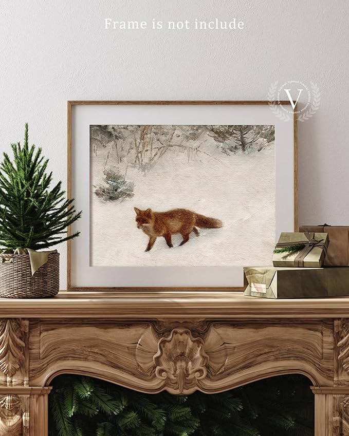 Vodefoad Vintage Fox in the Snow Winter Print Fox in Winter Christmas Retro Landscape Oil Painting Antique Winter Landscape Watercolor Animal Picture Aesthetic for Bedroom Bathroom Living Room Christmas Decor Painting Holiday Art - 8x10Inch Unframe