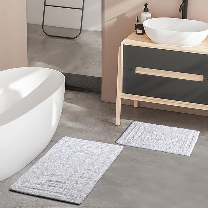 Bedding Craft Cotton Bath Mat Rug 21x34, Reversible Bathroom Rug, Water Absorbent, Machine Washable, Soft Cloth Bathmat for Outside Bathtub, Off White