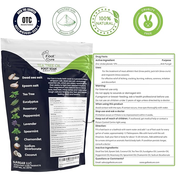 FOOT CURE Tea Tree Oil Foot Soak with Epsom Salt - Best Toenail Fungus Treatment, Athletes Foot & Softens Calluses - Soothes Sore & Tired Feet, Fungal Toe, Foot Odor Scent, Spa Pedicure (Pack of 2)